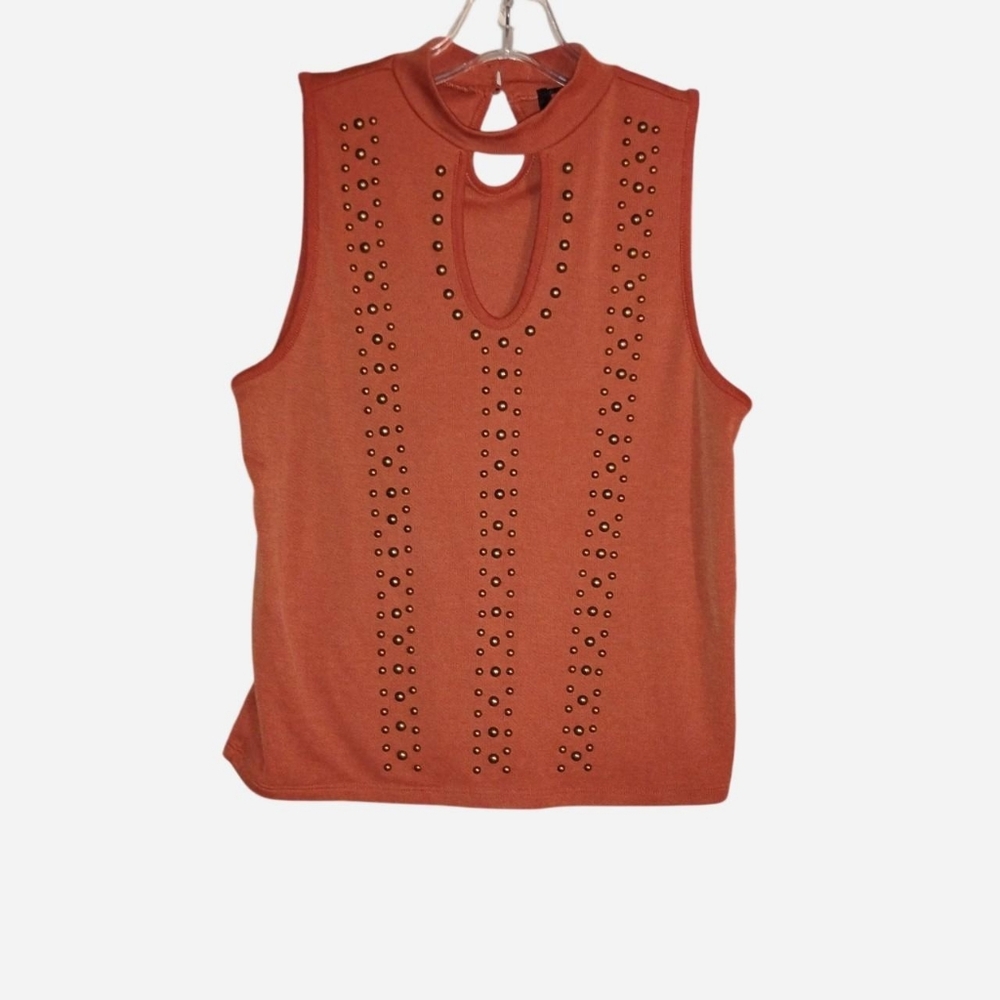 Rock & Roll Denim Burnt Orange Studded Mock Neck Top - Size M